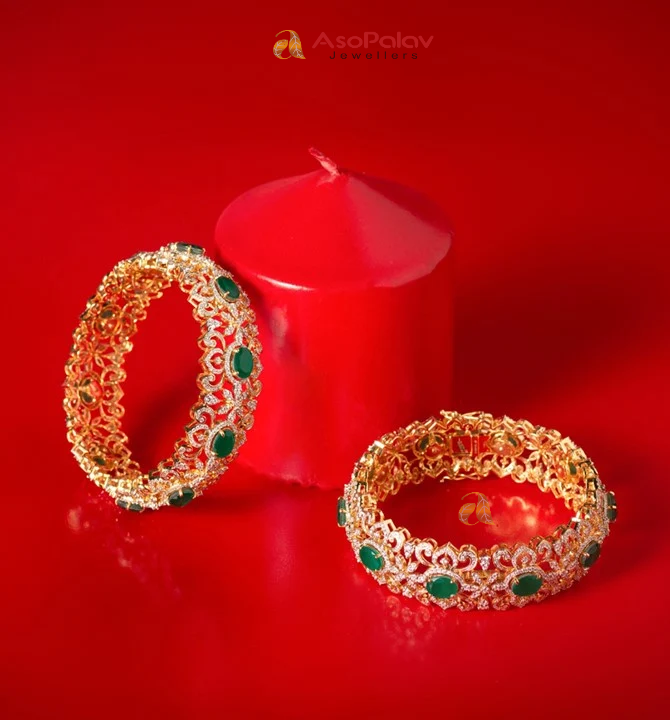 18K Gold Diamond & Emerald Bridal Bangles Pair – Asopalavjewellers